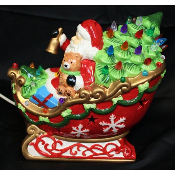 Roman 10'' Santa Sleigh Riding Ceramic Light Up Figure Ball Bear Present Holiday - Picture 1 of 10